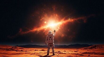 Astronaut on mars planet looking at bright nebula in starry sky