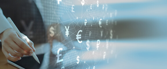 Global Currency Symbols Network Interface on Digital Tablet in Financial Technology Environment.