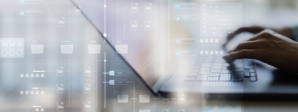 Project Management and Workflow Optimization on a Wide Banner, Business and Technology Concept.