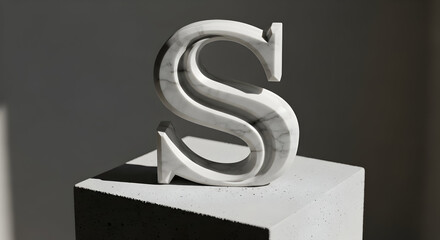 Elegant White Marble Serif Letter S - 3D Architectural Typography on Concrete Pedestal