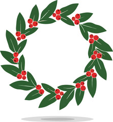 A festive circular wreath composed of green leaves and bright red berries, isolated on a white background.