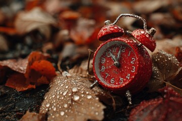 A red alarm clock rests on autumn leaves covered in water droplets The clock face shows almost 12 oclock