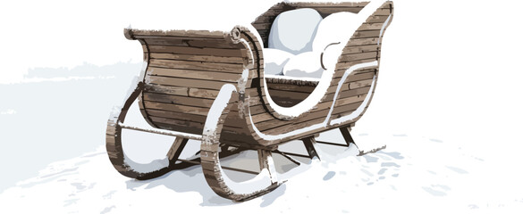 A detailed image of a wooden sleigh with white cushions, resting on a snowy surface, with a blurred background.
