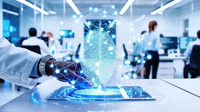 A person interacts with a futuristic digital fingerprint on a tablet in a modern office - Powered by Adobe