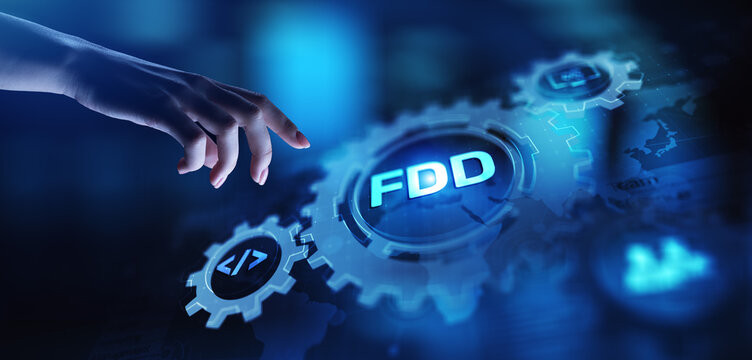 Feature-Driven Development FDD Icons and Workflow in a Digital Interface.