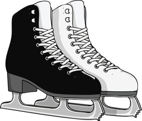 A black and a white figure skate standing side by side as a pair, isolated on a white background.