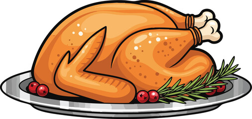 A perfectly roasted golden-brown turkey served on a silver platter with rosemary and cranberry garnish.