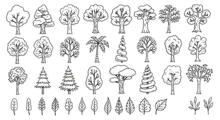 Line art design elements featuring a variety of trees and leaves for nature themed graphics, branding, or botanical illustrations perfect for invitations