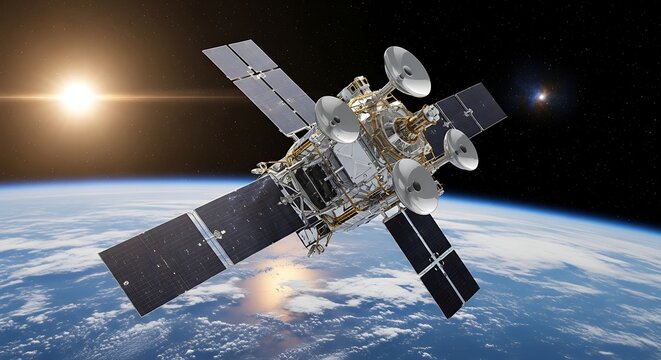 Satellite orbiting earth space technology communication and exploration concept