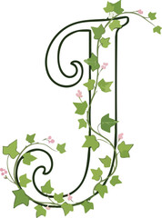 Elegant capital letter J decorated with green ivy leaves and small pink flowers, on a white background.