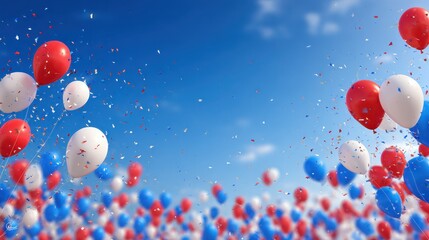 bastille day celebration with red white and blue balloons and confetti on a bright sky background horizontal banner copy space free space for text balloons in colors of flag of flag of france