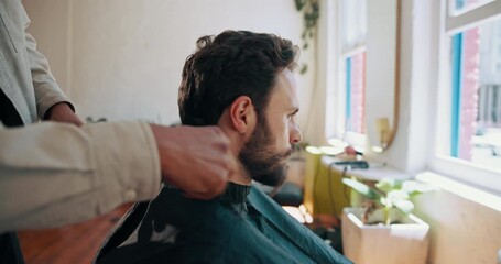 Man, barber and powder with brush for hair care, hygiene and grooming process for services at shop. People, tools and customer experience with equipment, hairstyle or trim with treatment at salon