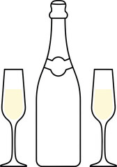 Champagne bottle and two flutes line art illustration Vector, illustration