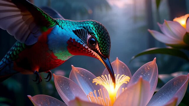 Iridescent hummingbird hovering over a glowing lotus flower in a misty fantasy forest, depicted in a cinematic 3D illustration for magical nature backgrounds