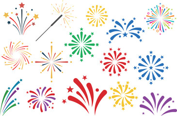 Colorful flat design fireworks celebration elements. Vector, illustration