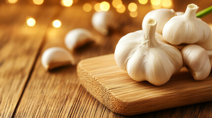 Fresh garlic bulbs arranged on wooden cutting board, with cloves scattered around. warm, soft lighting creates cozy atmosphere, perfect for culinary inspiration
