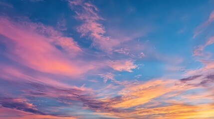 Naklejka premium Dramatic Sunset Sky with Pink and Orange Clouds Azure Sky Background Atmospheric Sky Scenery with Vibrant Colors Abstract Cloudscape at Twilight
