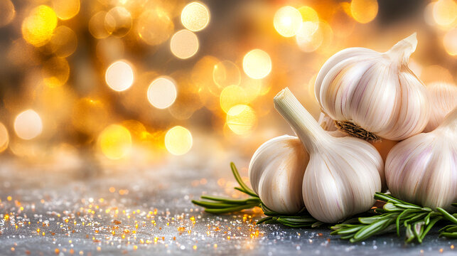 Fresh garlic bulbs arranged on surface with festive bokeh background, creating warm and inviting atmosphere. garlic is complemented by sprigs of rosemary, enhancing visual appeal