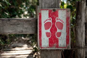 A worn sign with red footprints attached to weathered wooden posts