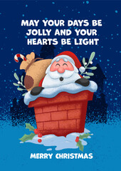 Christmas greeting card with Santa Claus delivering gifts in the fireplace