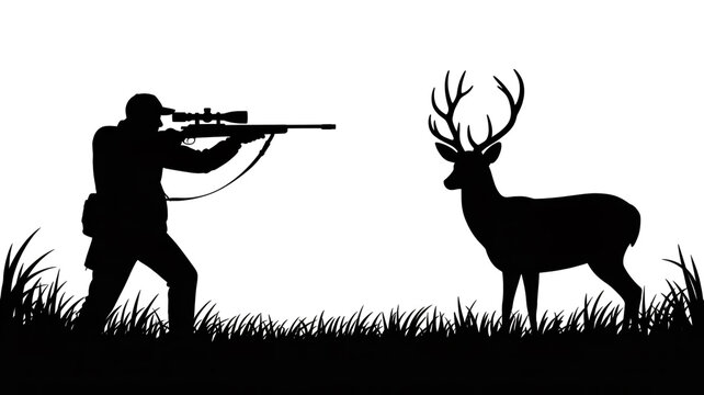 A black and white silhouette illustration of a hunter and a deer in a grassy field