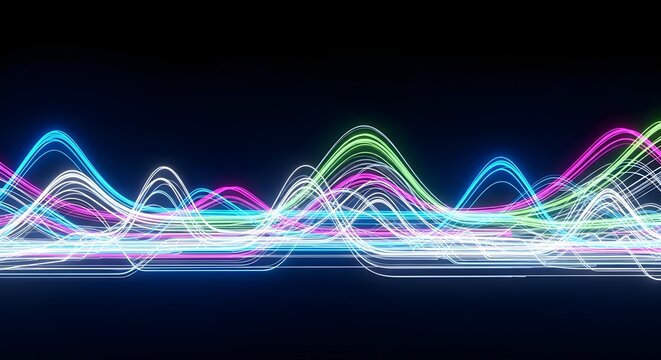 Dynamic abstract visualization of glowing sound waves in vibrant colors, depicting digital data streams and energetic technological frequencies on a dark background
