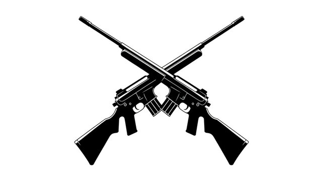 A black and white silhouette illustration of two crossed rifles against a white background - Powered by Adobe