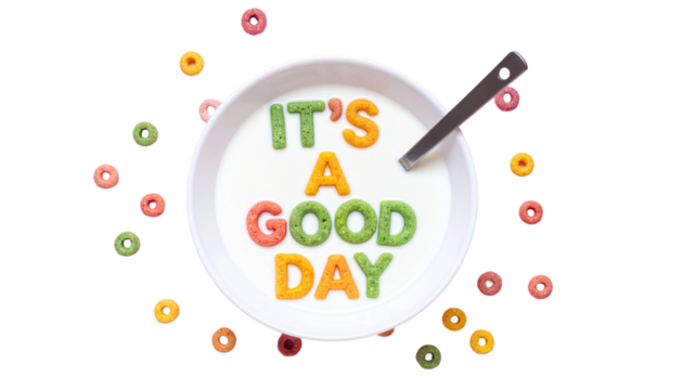 Colorful Cereal Spelling "It's a Good Day" script in Milk Bowl on a pastel pink background