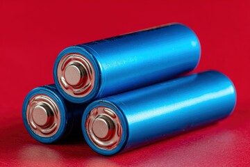 Three blue cylindrical batteries are stacked in a pyramid shape against a red background
