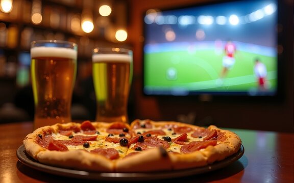 Beer and pizza in the bar. football match tv background. High quality
