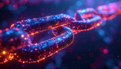 Abstract chain link glowing with neon pink and blue particles floating in a dark space