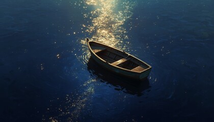 Serene solitary wooden rowboat adrift on calm dark blue water reflecting shimmering golden sunlight at dusk or dawn