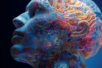 A brainwave visualization demonstrating AI interpreting human thoughts through complex colorful patterns and algorithms.