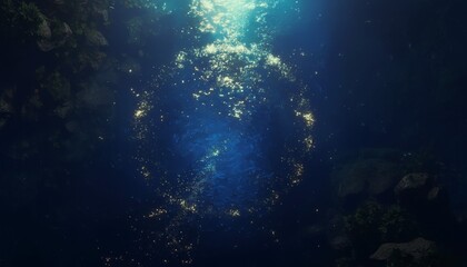 Mysterious ethereal blue light beams illuminating a dark underwater forest with glowing particles and bubbles rising upwards