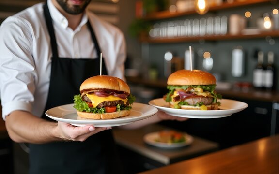 A waiter in the restaurant serving two plates of burgers. High quality
