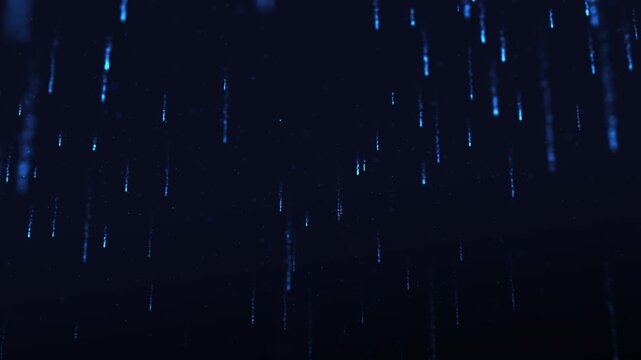 Particles sparks dots pattern of falling blue light particles creating a digital rain effect on a dark background