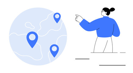 Woman pointing at global map with location pins highlighting places. Ideal for navigation, strategy, travel, business expansion, logistics, connection, exploration. Flat and simple metaphor © robu_s