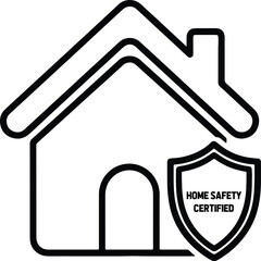 Black outline icon of a house with a shield and text home safety isolated on a white background.