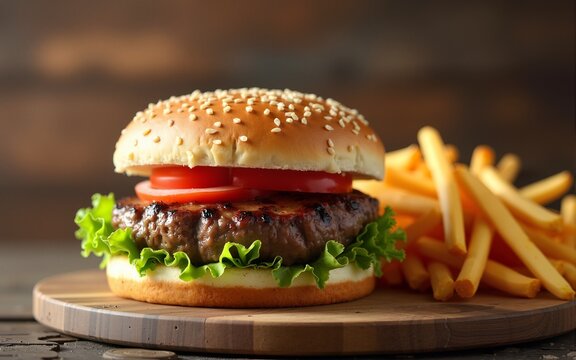 Close-up of tasty homemade beef burger and salad on rustic wooden background. Fast food and junk food. Concept generated in Ai. High quality