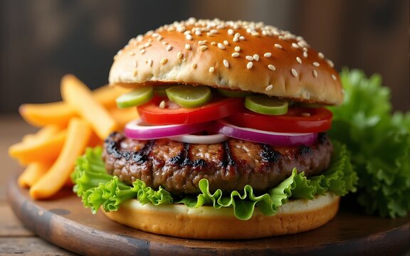 Close-up of tasty homemade beef burger and salad on rustic wooden background. Fast food and junk food. Concept generated in Ai. High quality