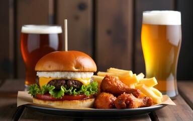 Tasty pub grub and refreshing drinks on a modern sports bar menu, featuring juicy burgers, crispy wings, and ice-cold beer against a rustic wooden backdrop. High quality