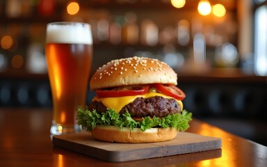 Burger with beer on the table in a bar pub. High quality