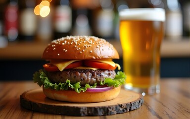 Hamburger and light beer on a pub background. High quality