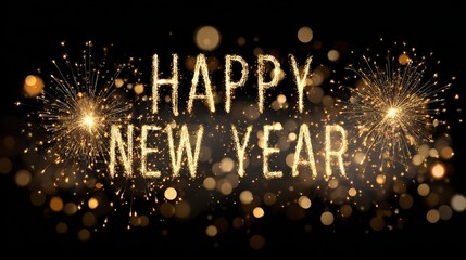 golden happy new year text surrounded by sparkling fireworks and bokeh lights isolated on transparent background