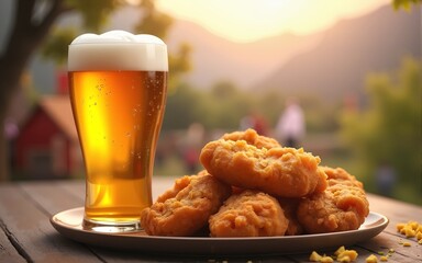 Oktoberfest beer glass and fried chicken on festival background. With Generative AI technology. High quality