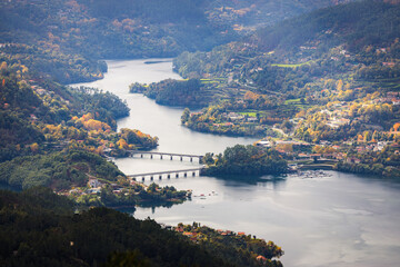 View of Cavado river and Rio Caldo bridges from Pedra Bela viewpoint in Peneda Geres National Park, north of Portugal.