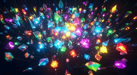 Abstract futuristic background with a dynamic burst of glowing multicolored crystals forming an interconnected network of data and energy