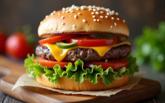 Delicious homemade hamburger on wooden background. High quality