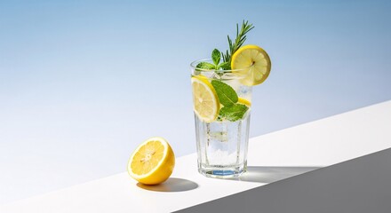 Refreshing Lemonade in Glass with Ice Cubes and Fresh Mint on Bright Background Cold Drink Beverage Healthy Summer Detox Quencher