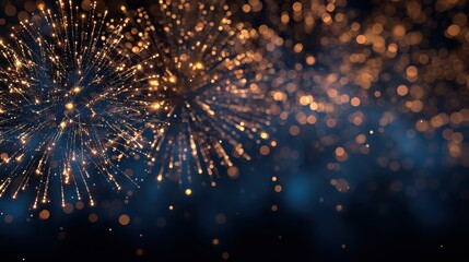 Obraz premium gold and dark blue fireworks bursting in the night sky with bokeh new year eve celebration copy space included festive abstract background